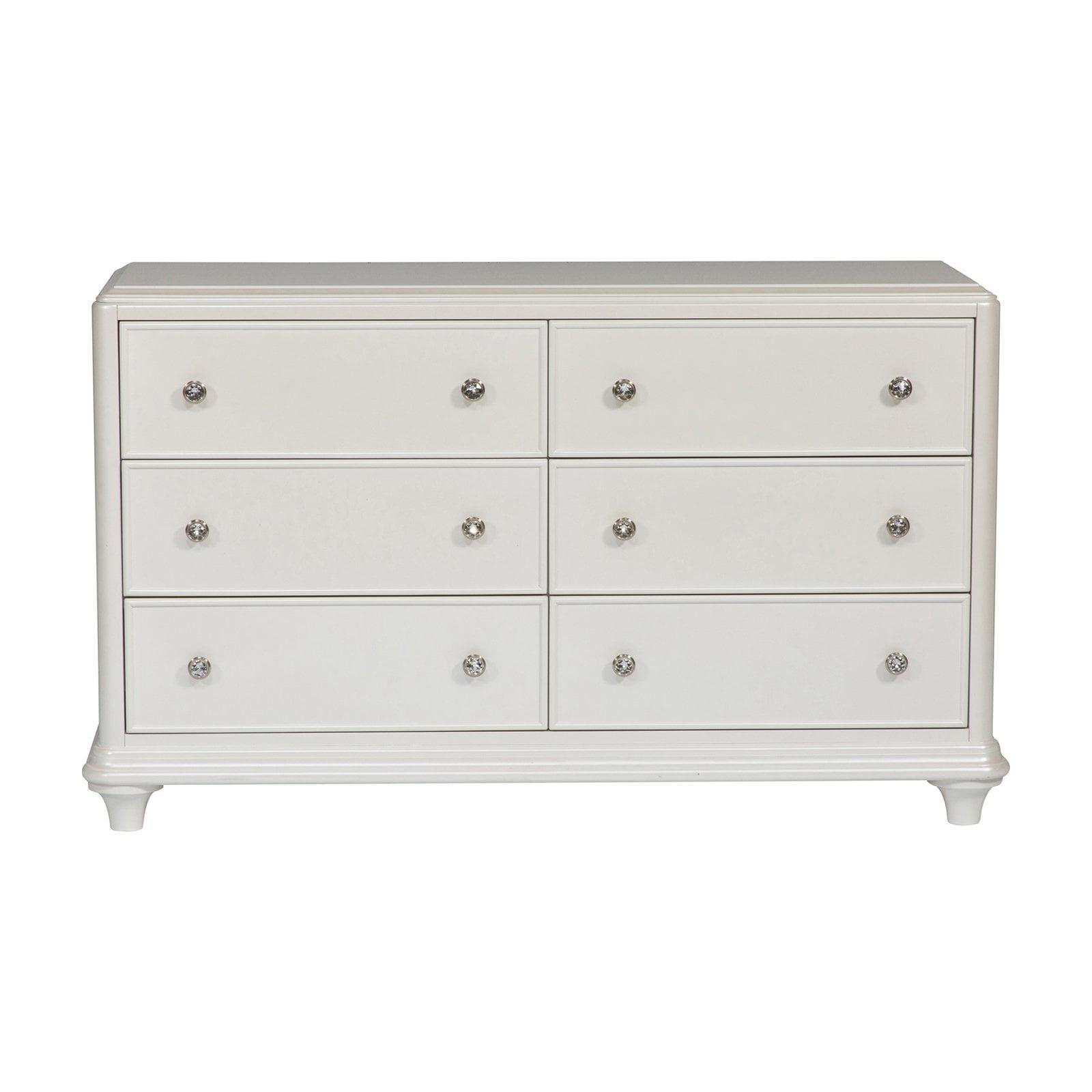 White 6-Drawer Dresser with Crystal Knobs and Felt Lining