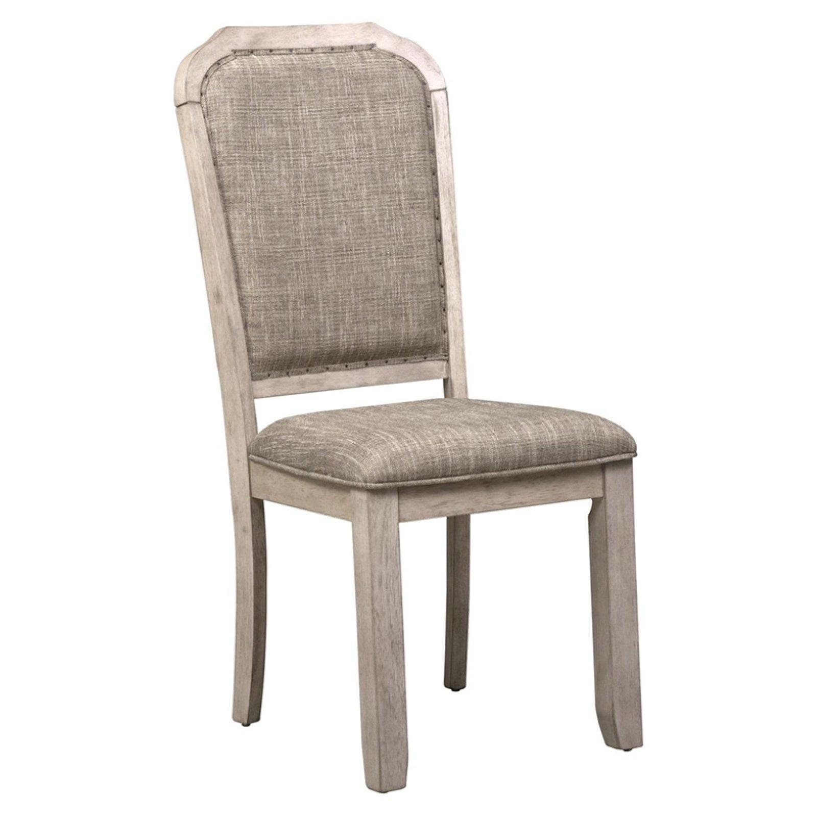 Rustic White Upholstered Wood Side Chair with Taupe Fabric