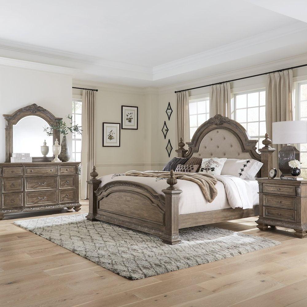 King Light Brown Poster Bed Set with Dresser, Mirror, Nightstand