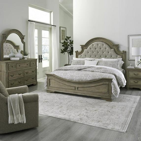 Liberty Furniture King Upholstered Bed, Dresser & Mirror, Night Stand - Weathered Bisque