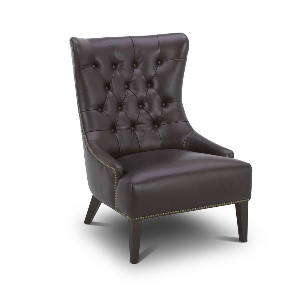 Brown Leather Tufted Accent Chair with Wood Legs