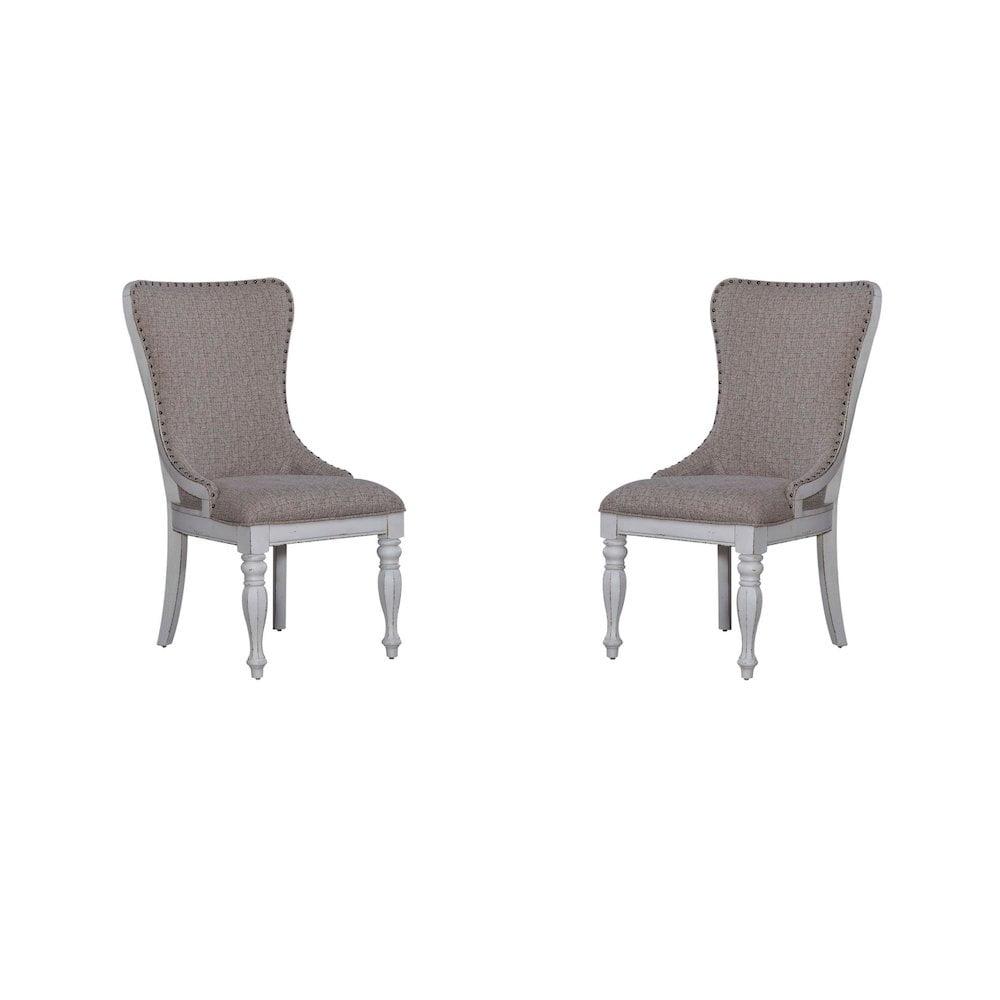 Antique White Upholstered Wing Back Side Chairs, Set of 2