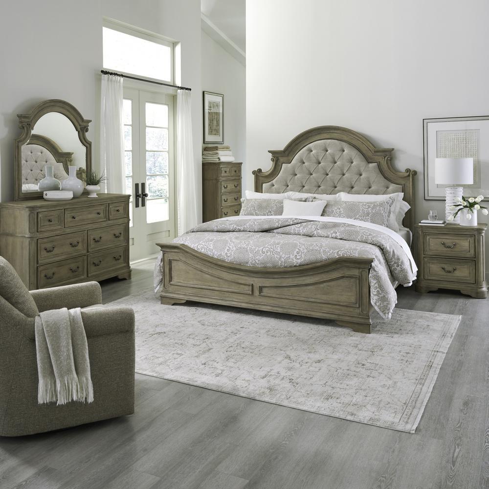 Weathered Bisque Oak Queen Panel Bed Set with Upholstered Headboard