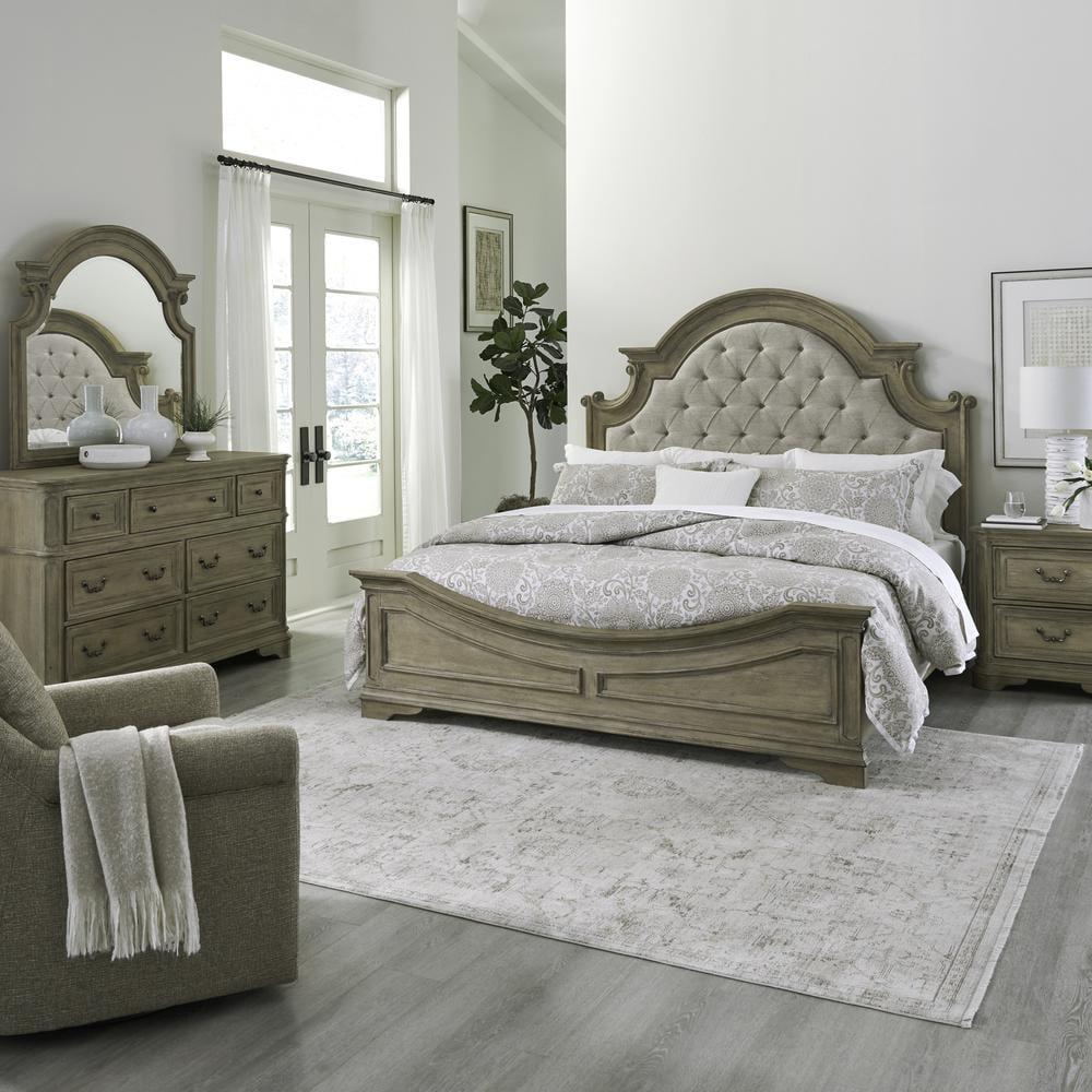 Weathered Bisque Queen Upholstered Bed Set with Dresser and Mirror