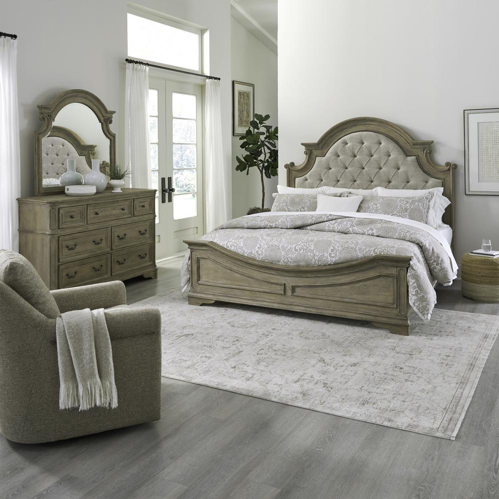 Weathered Bisque Queen Upholstered Bed, Dresser & Mirror Set