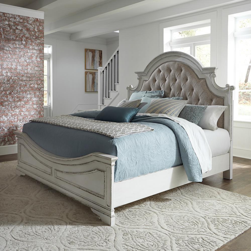 Traditional Beige King Upholstered Bed with Tufted Headboard