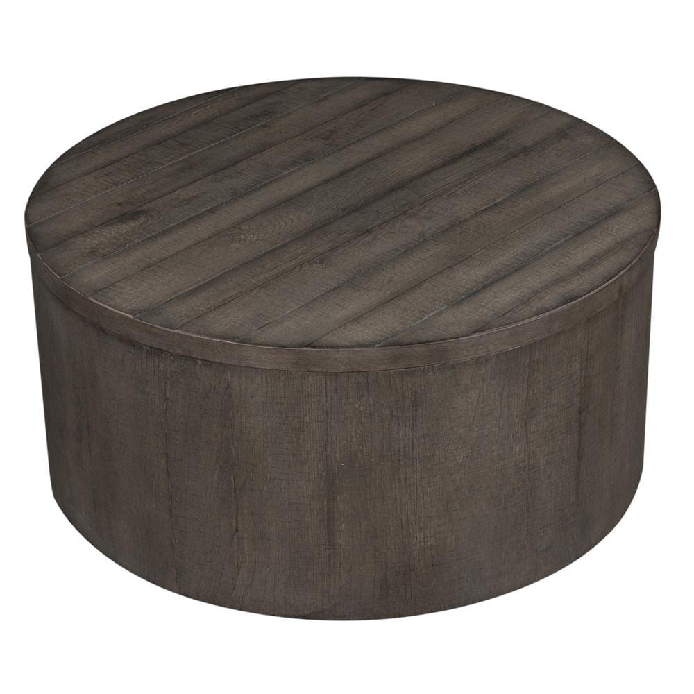 Round Brown Wood Transitional Drum Cocktail Table