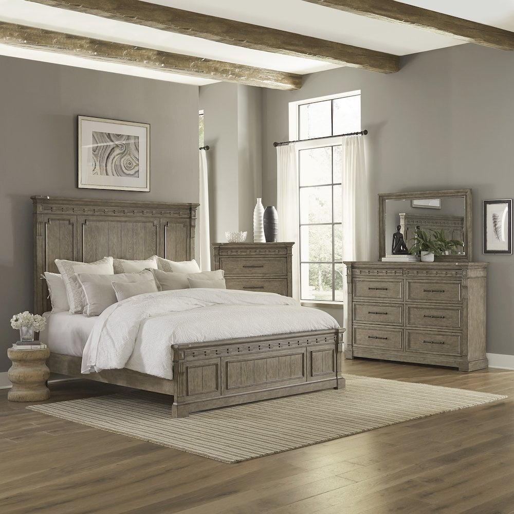 Dusty Taupe Oak Veneer Queen Panel Bed Set with Dresser and Mirror