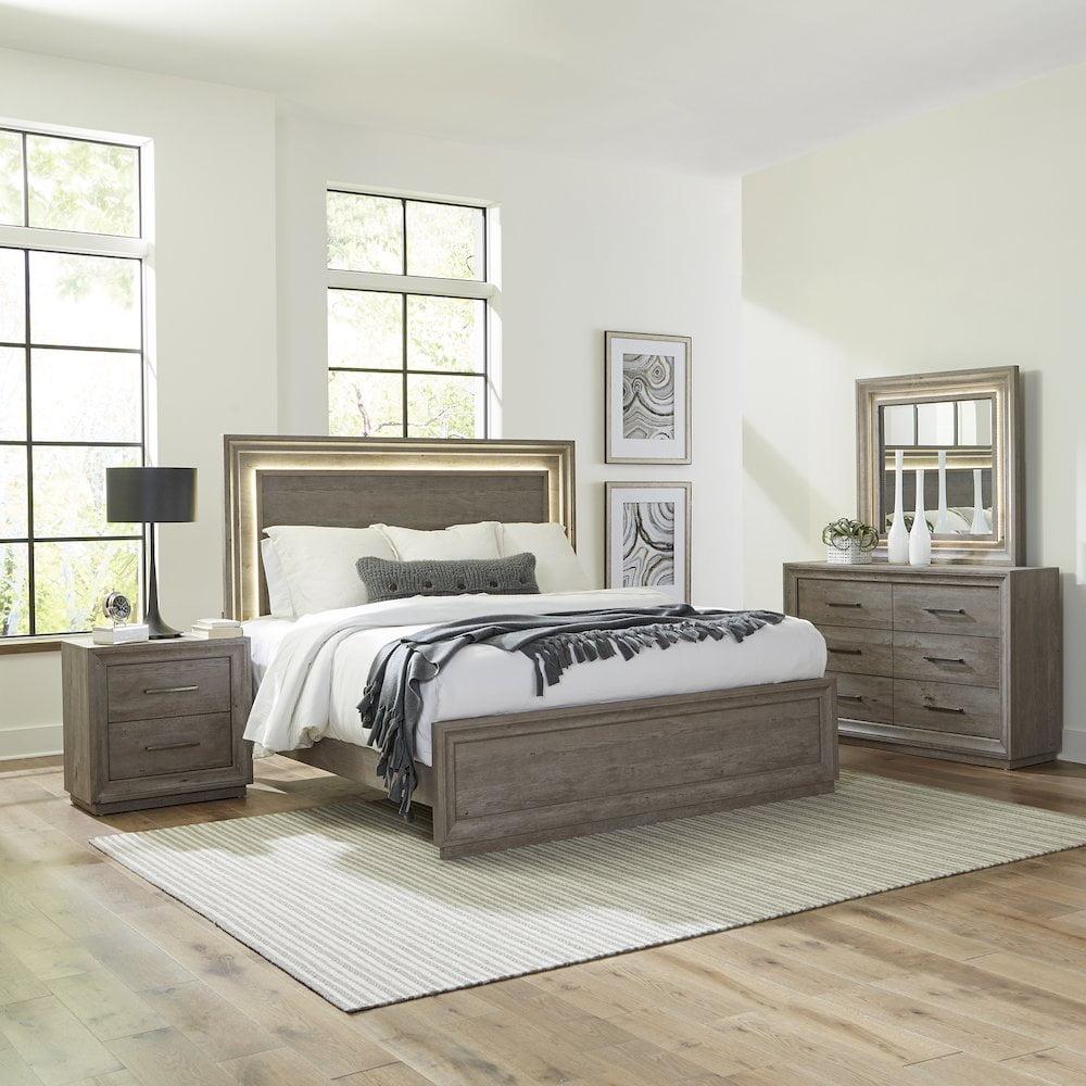 Gray Queen Panel Bed Set with Dresser, Mirror, Nightstand