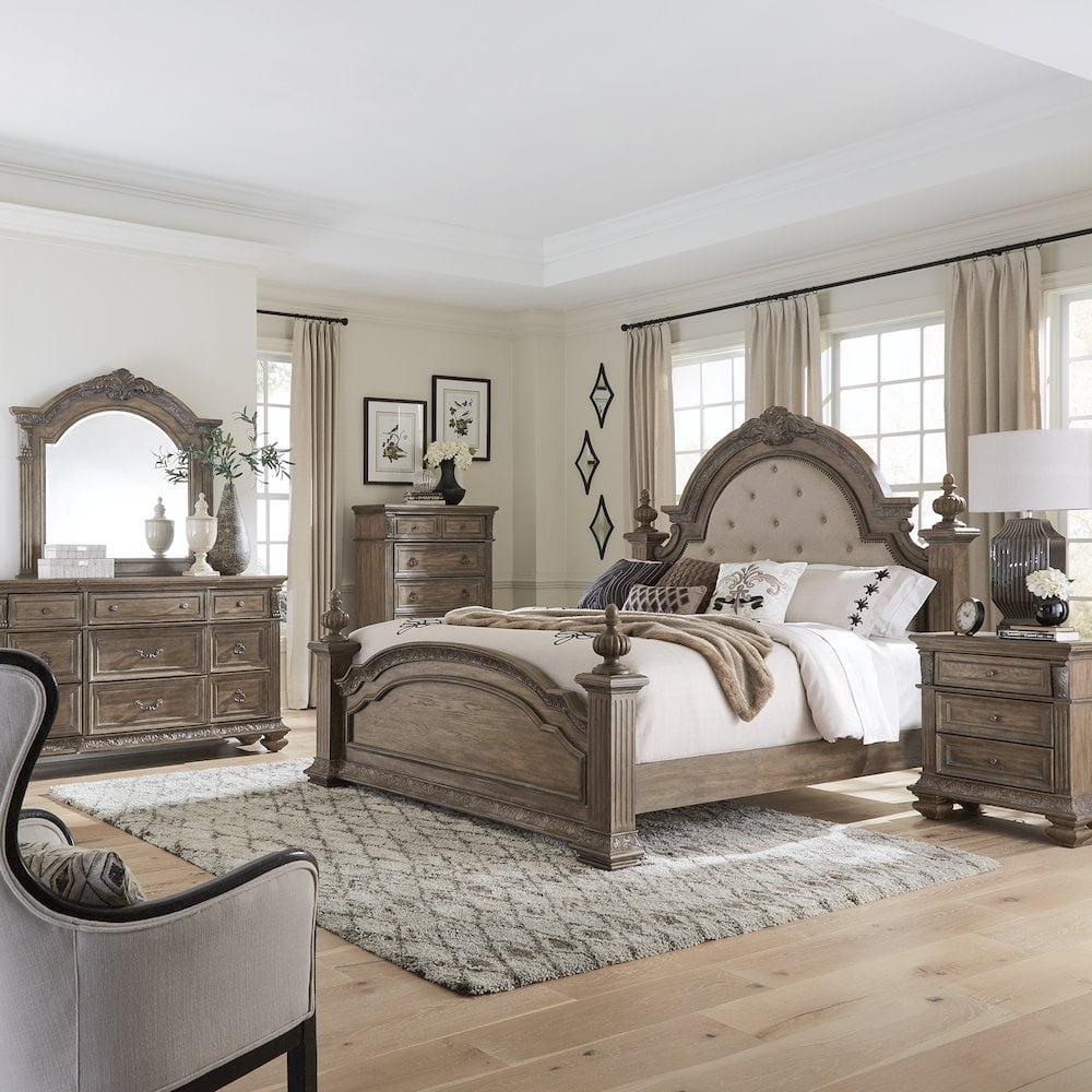 Light Brown Queen Poster Bed Set with Dresser, Mirror, Chest, Nightstand