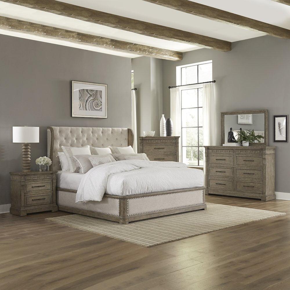 Queen Oak Veneer Panel Bed Set with Cream Linen Upholstery