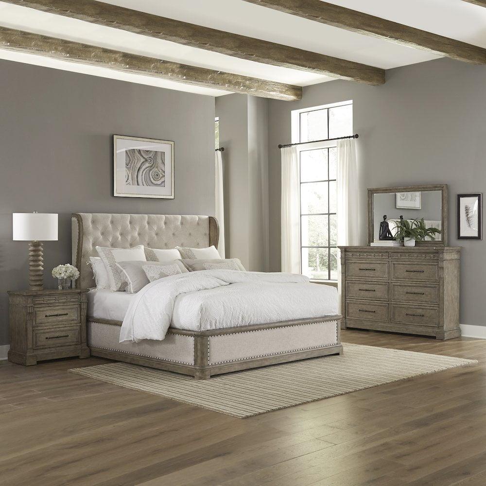 Light Brown Queen Shelter Bed with Dresser, Mirror, and Nightstand