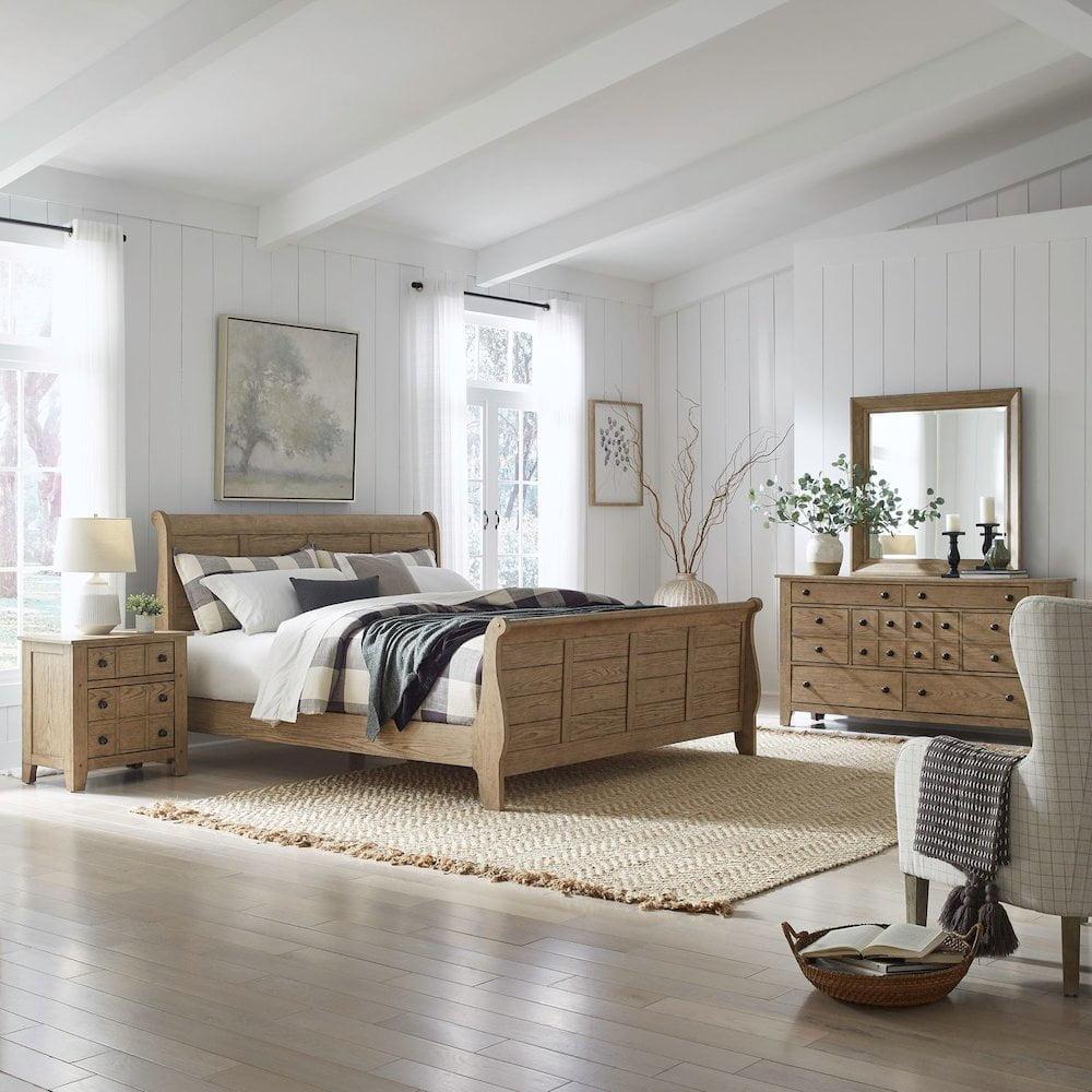 Rustic Oak Queen Sleigh Bed with Dresser, Mirror, and Night Stand