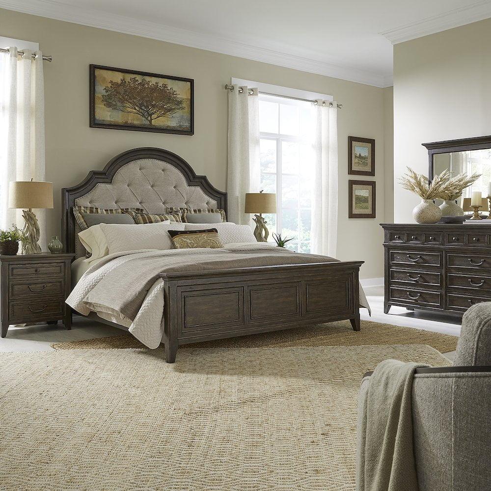 Queen Upholstered Bed with Dresser, Mirror, and Night Stand