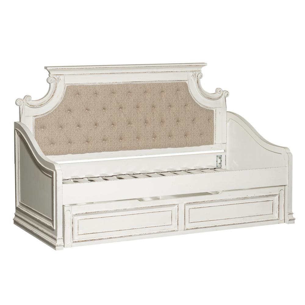 Antique White Twin Daybed with Tufted Upholstered Headboard and Trundle