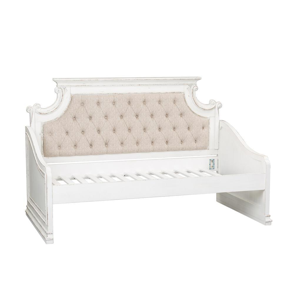 Beige Upholstered Twin Daybed with Oak Frame and Drawer