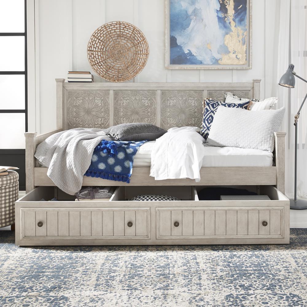 Farmhouse White Twin Trundle Bed with Wood Frame