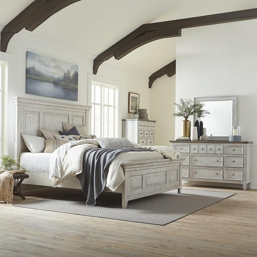 White California King Panel Bed Set with Dresser, Mirror, and Chest