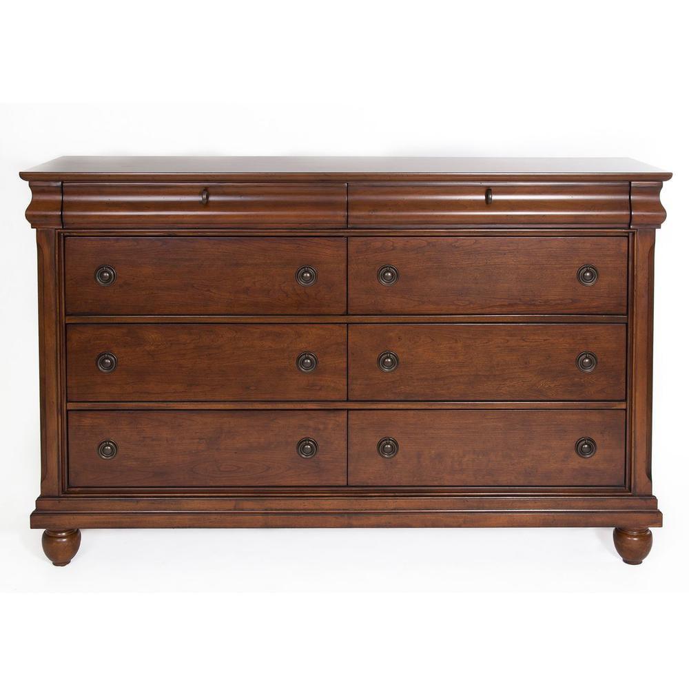 Rustic Cherry 64" Solid Wood 8-Drawer Dresser