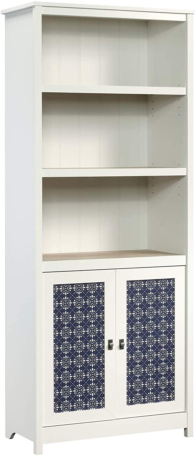 Soft White Adjustable 3-Shelf Library Bookcase with Decorative Doors