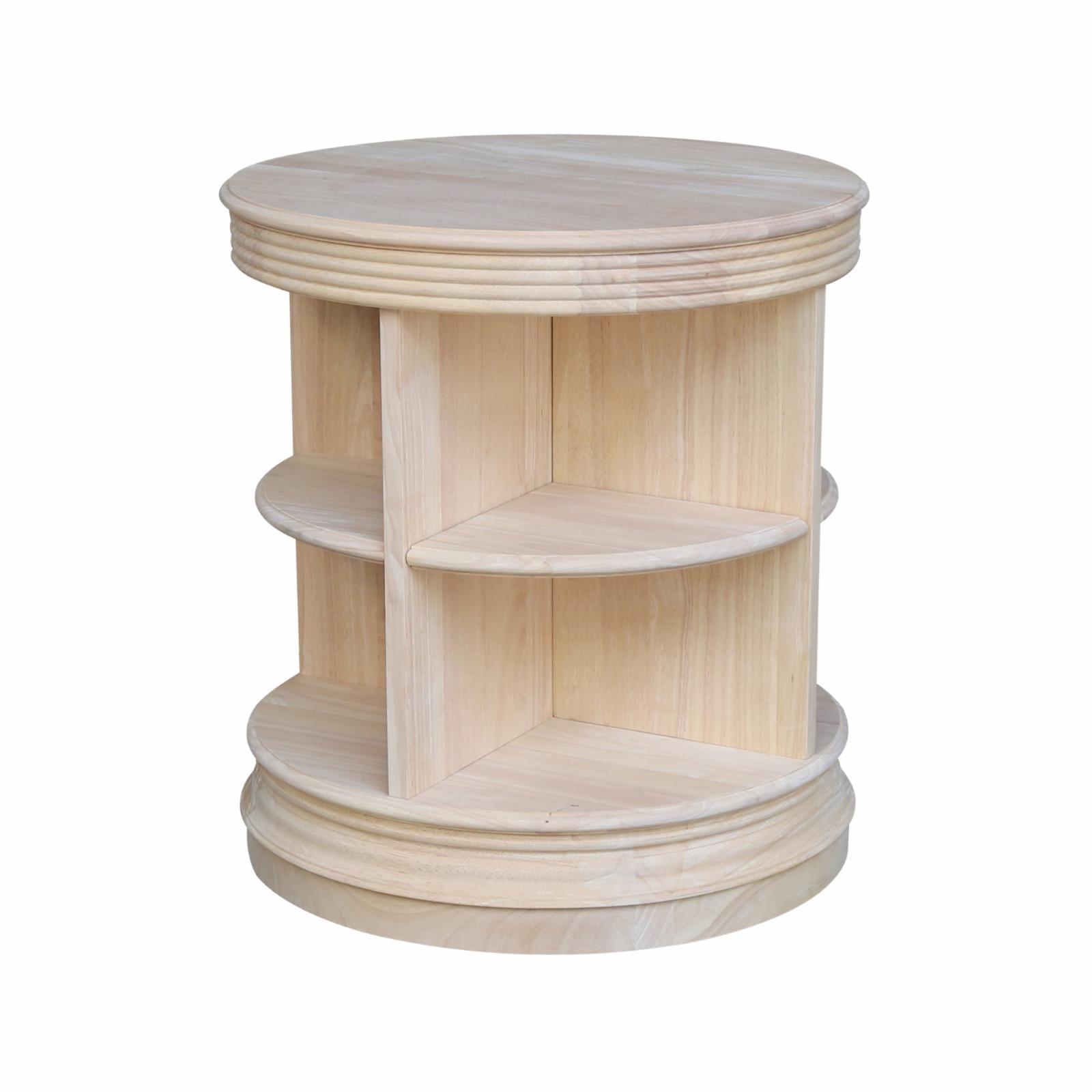 Beige Round Solid Wood End Table, 26"