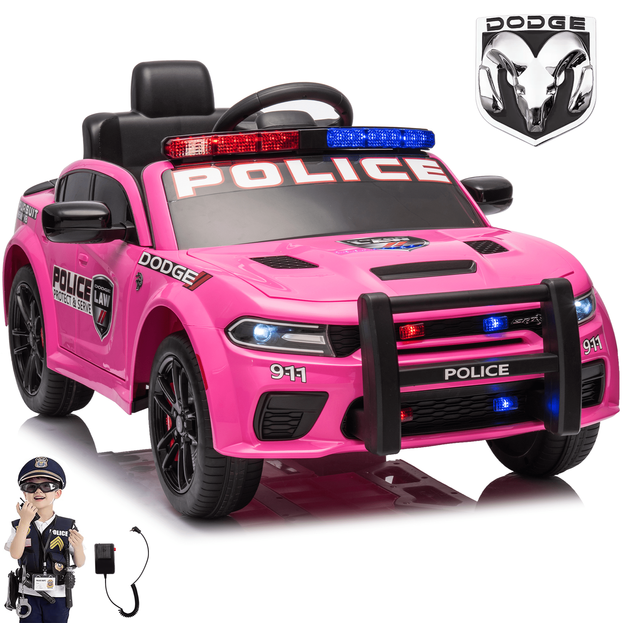 Pink 12V Dodge Kids Ride-On Police Car with Remote Control