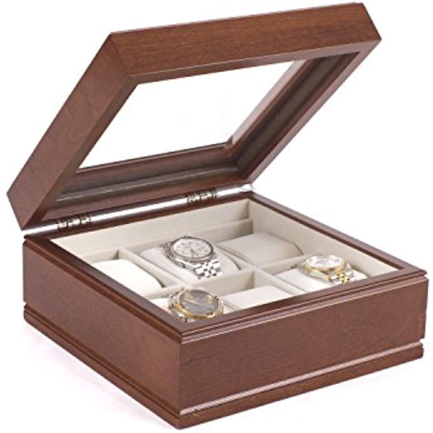 Mahogany 6-Slot Watch Box with Glass Top and Suede Lining