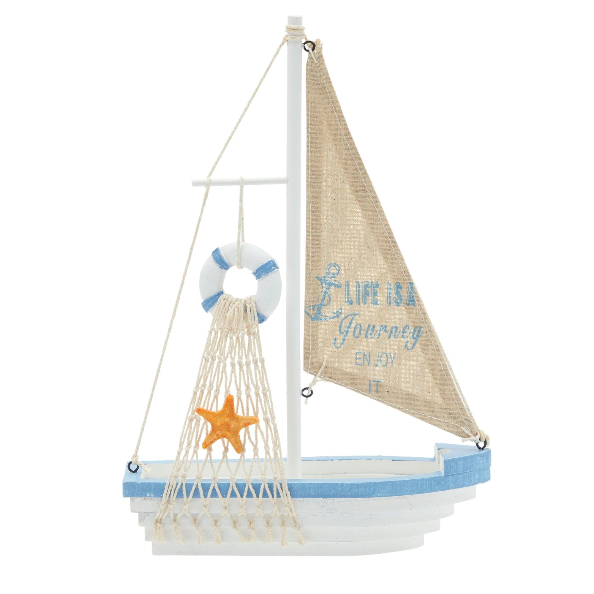 Nautical White and Blue Wooden Sailboat Figurine with Burlap Sail