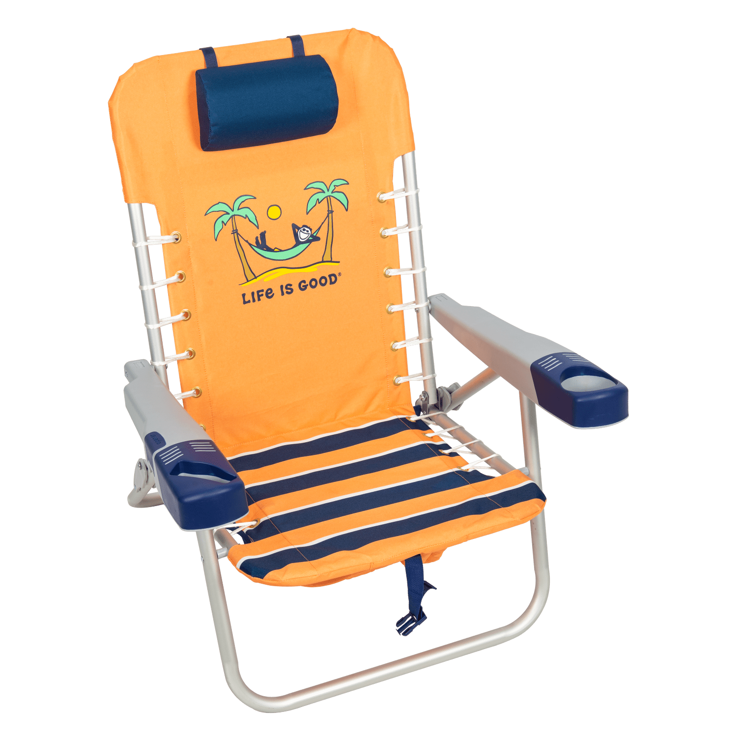 Life is Good 4-Position Backpack Pillow and Cup Holder Beach Chair, Canyon Orange