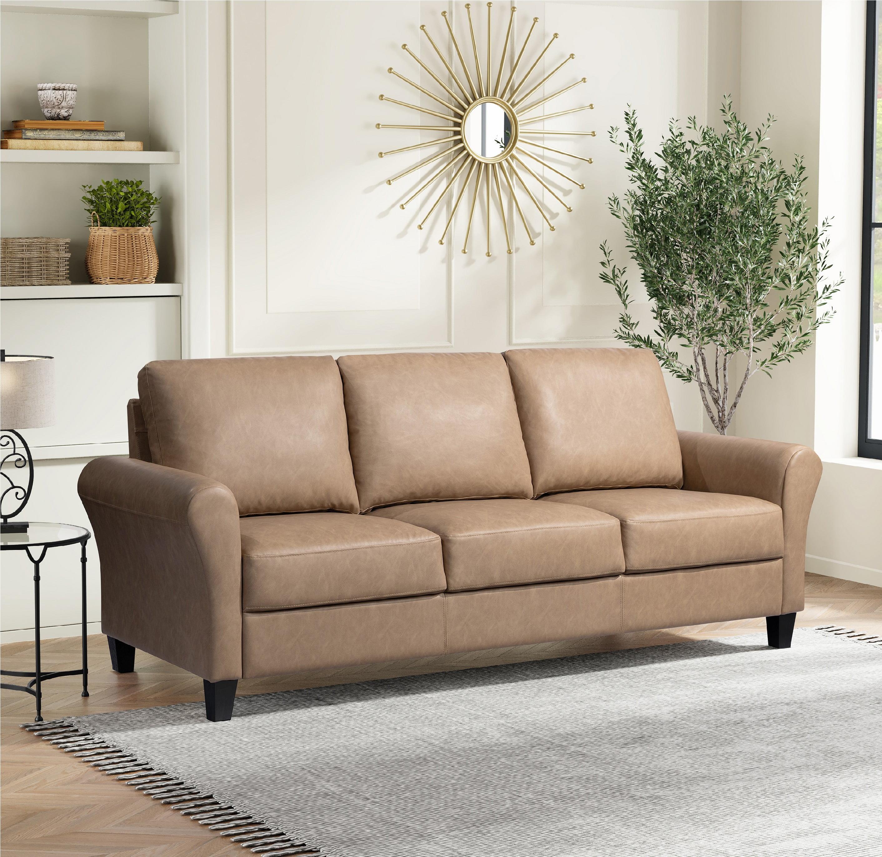 Brown Faux Leather Sofa with Rolled Arms and Wood Legs