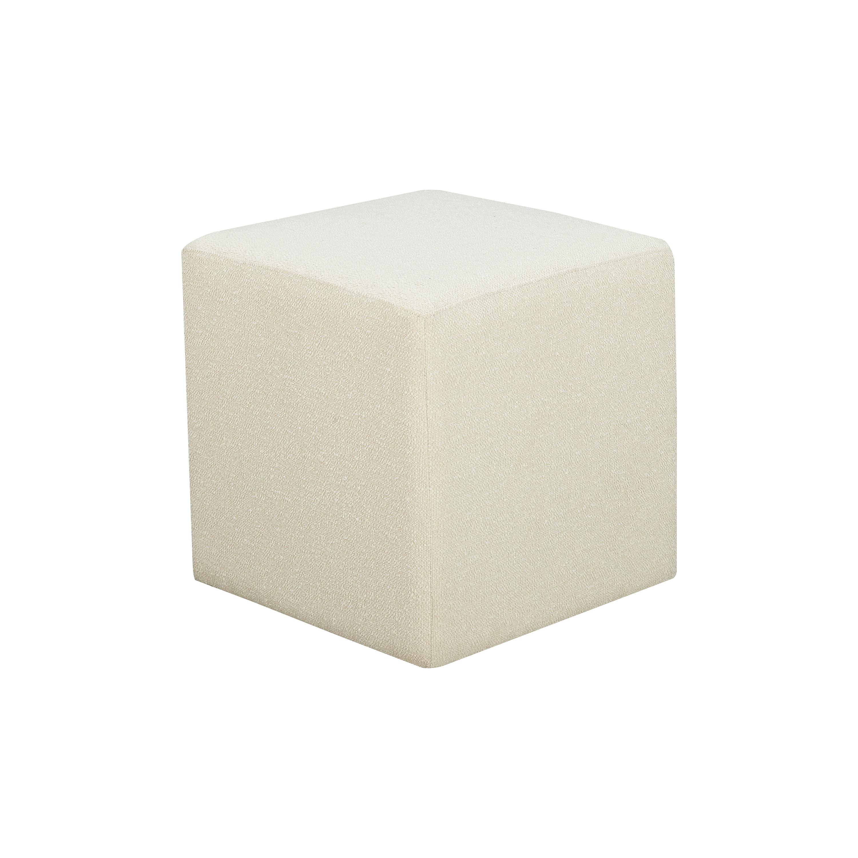 Ivory Boucle Square Ottoman with Rubberwood Frame