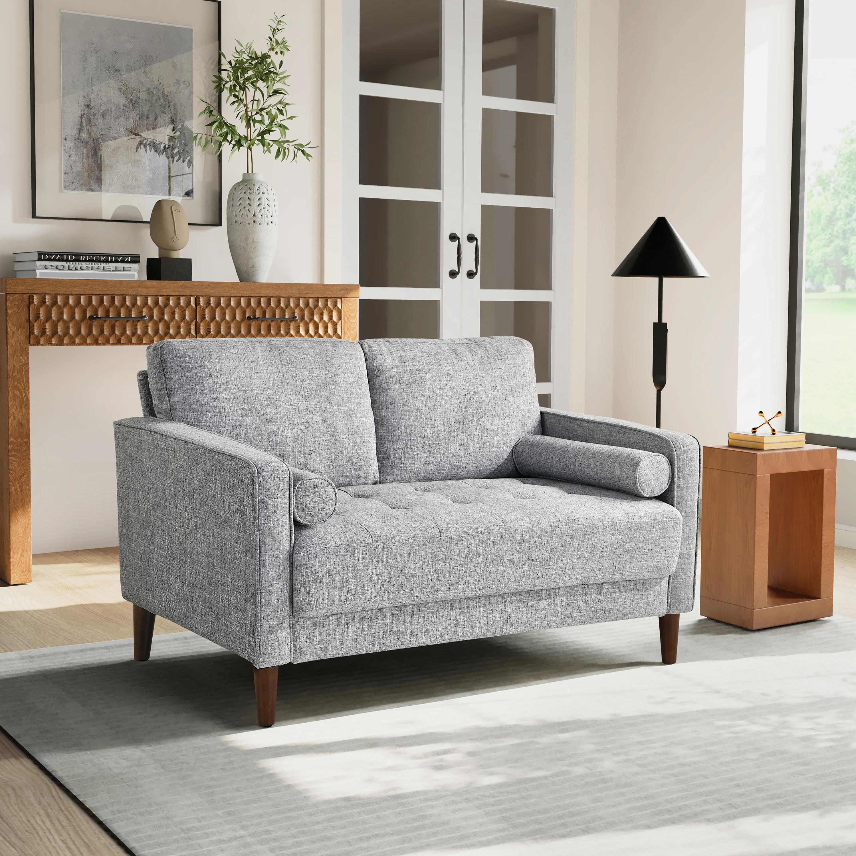 Light Gray Tufted Fabric Lawson Loveseat with Wood Legs