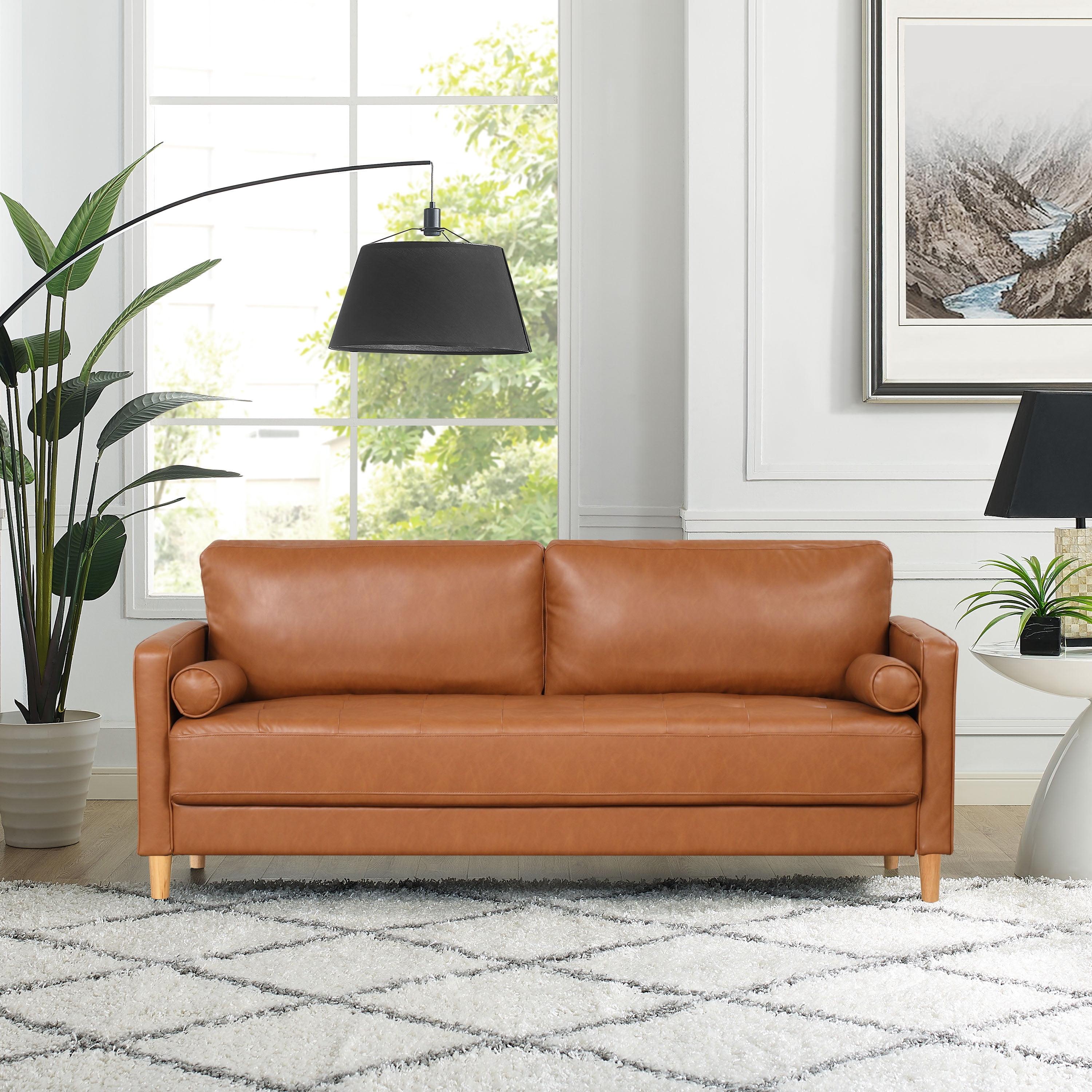 Caramel Brown Faux Leather Tufted Sofa with Removable Cushions