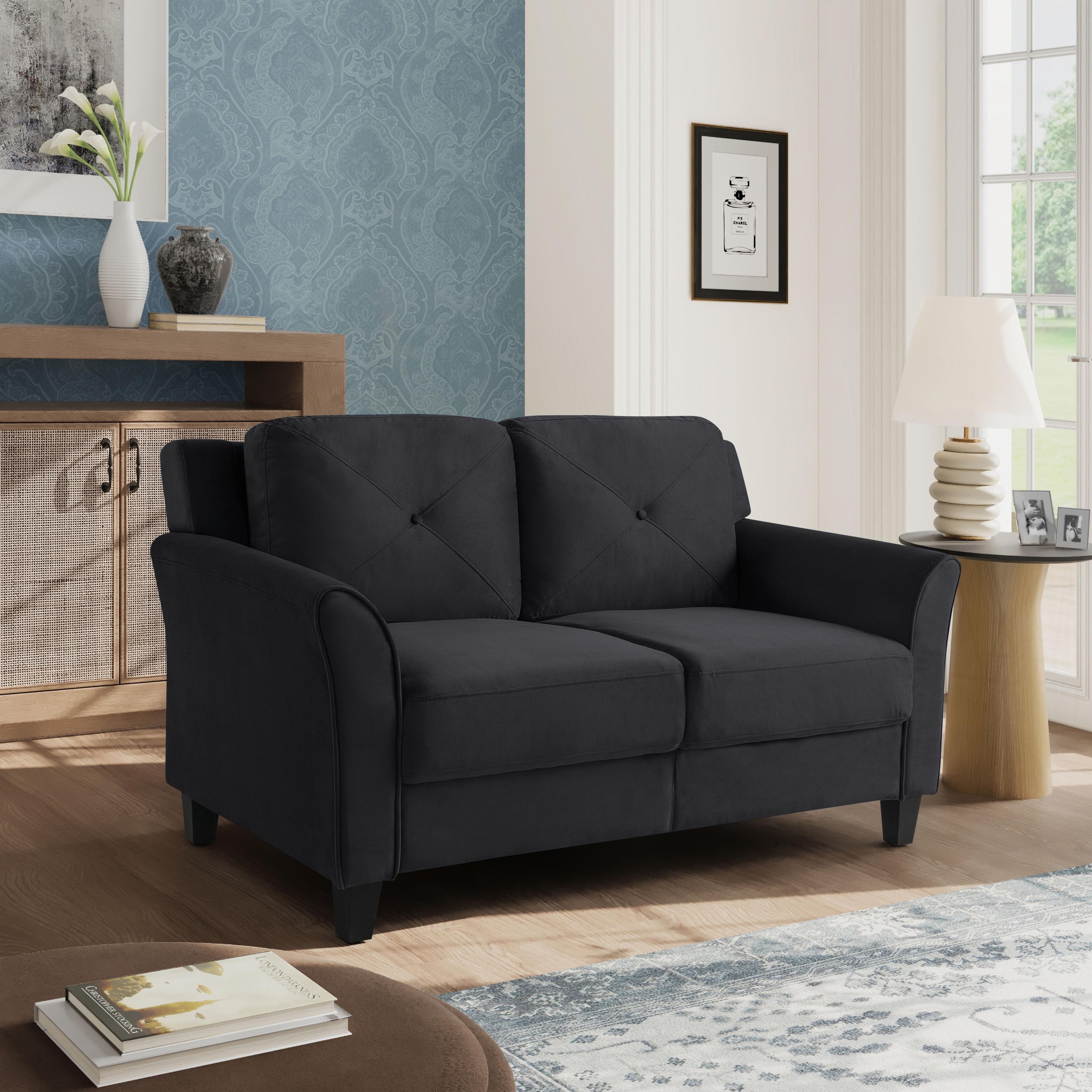 Taryn Black Microfiber Tufted Rolled Arm Loveseat