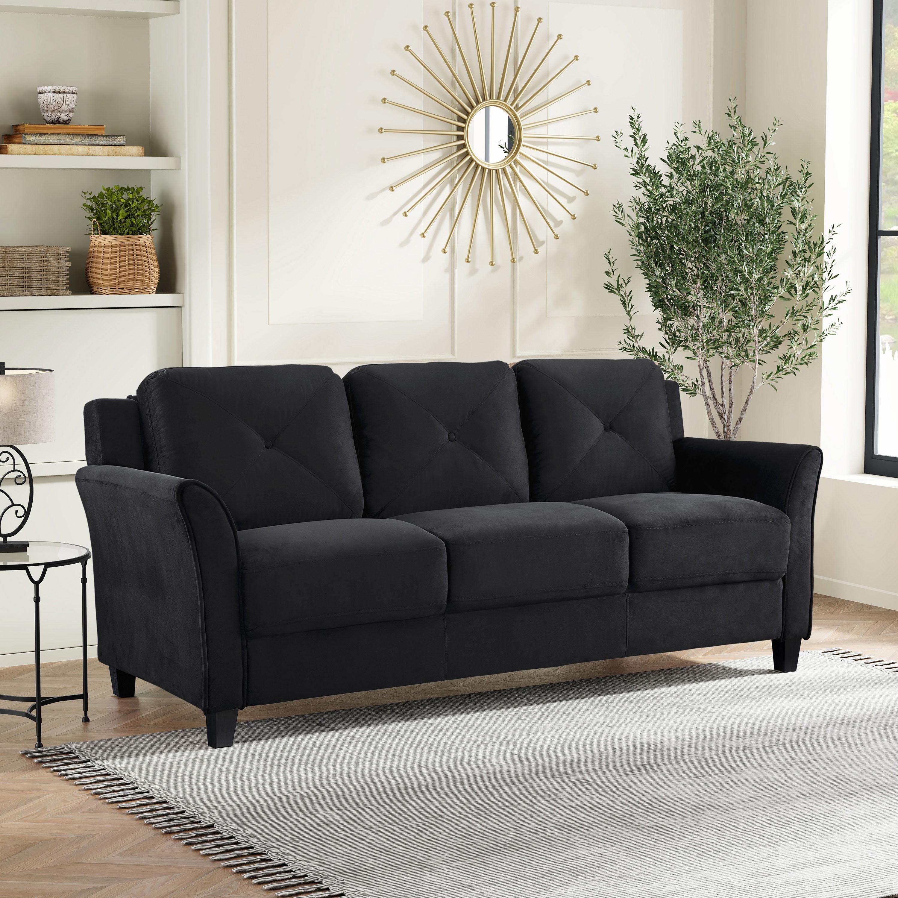 Black Tufted Microfiber Sofa with Curved Arms