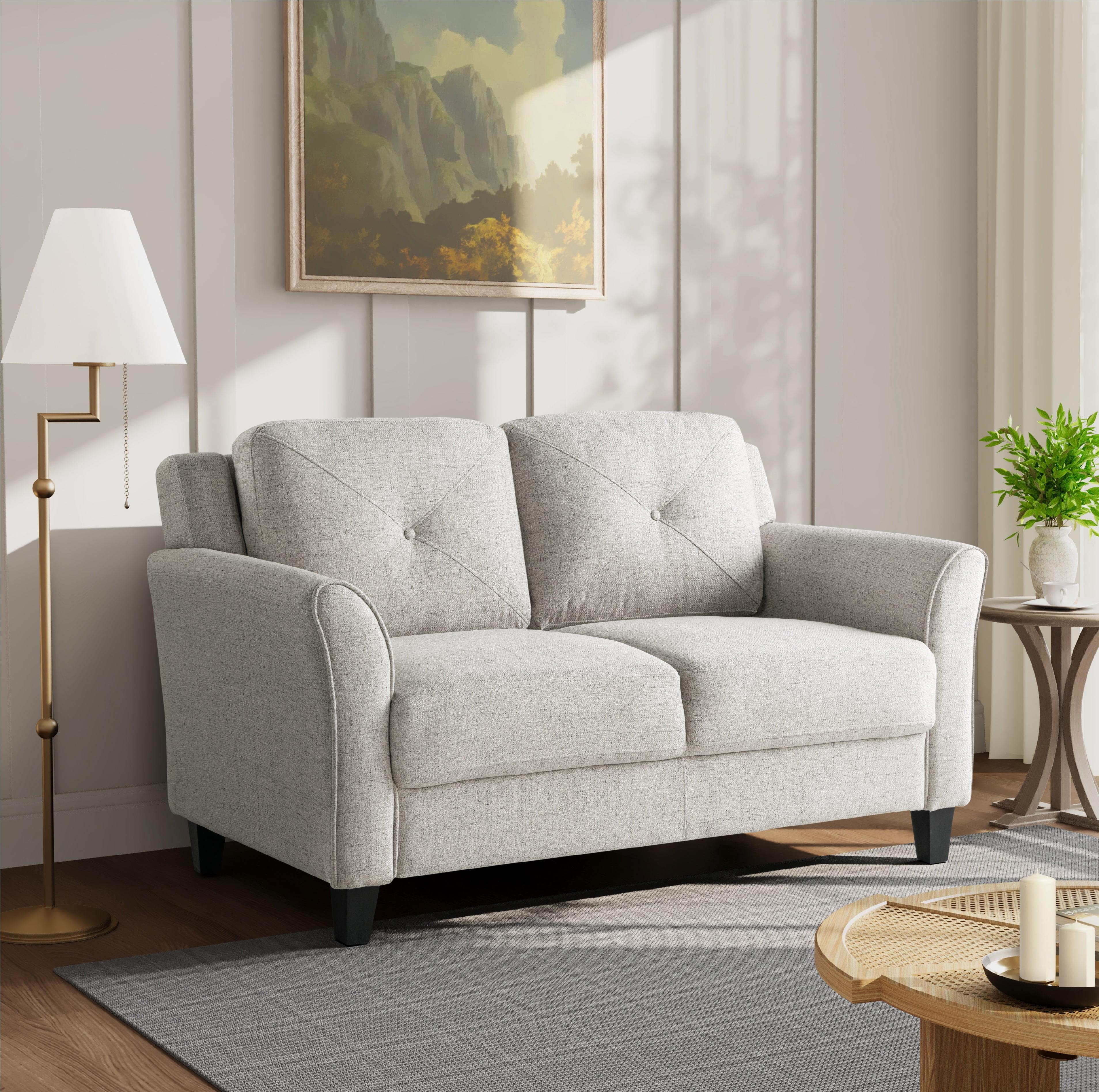 Beige Tufted Microfiber Loveseat with Flared Arms