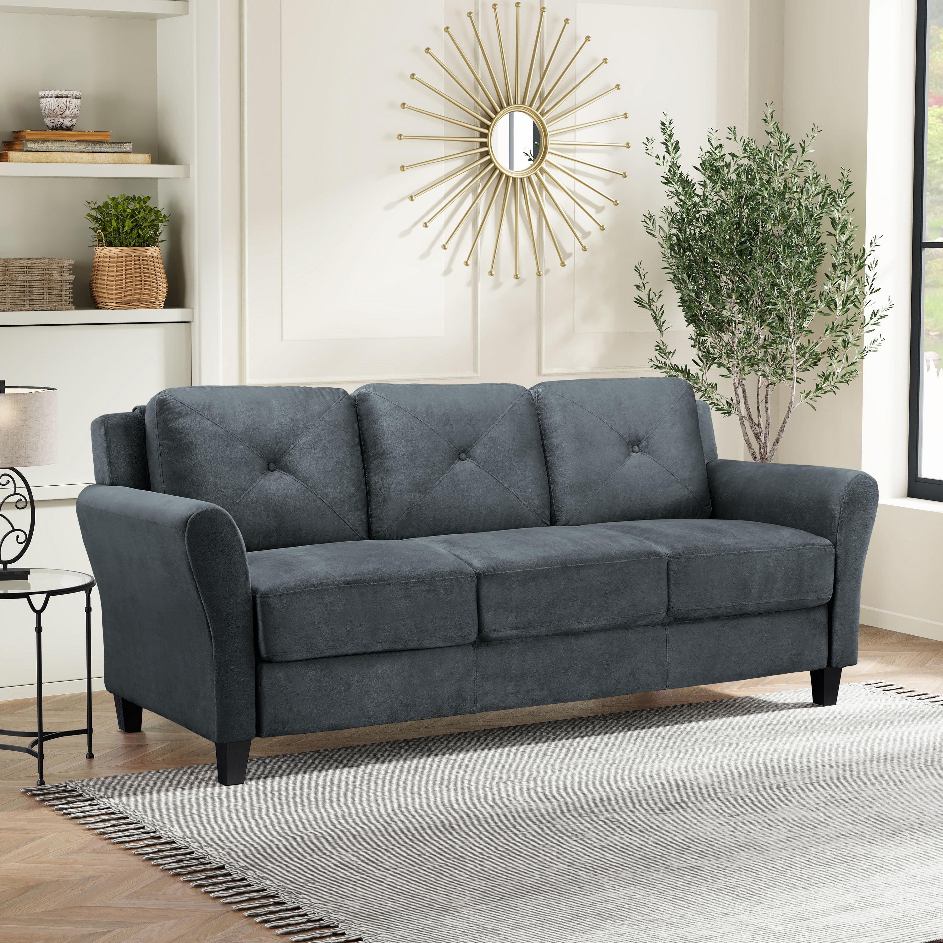 Elysian Tufted Dark Gray Microfiber Sofa with Rolled Arms