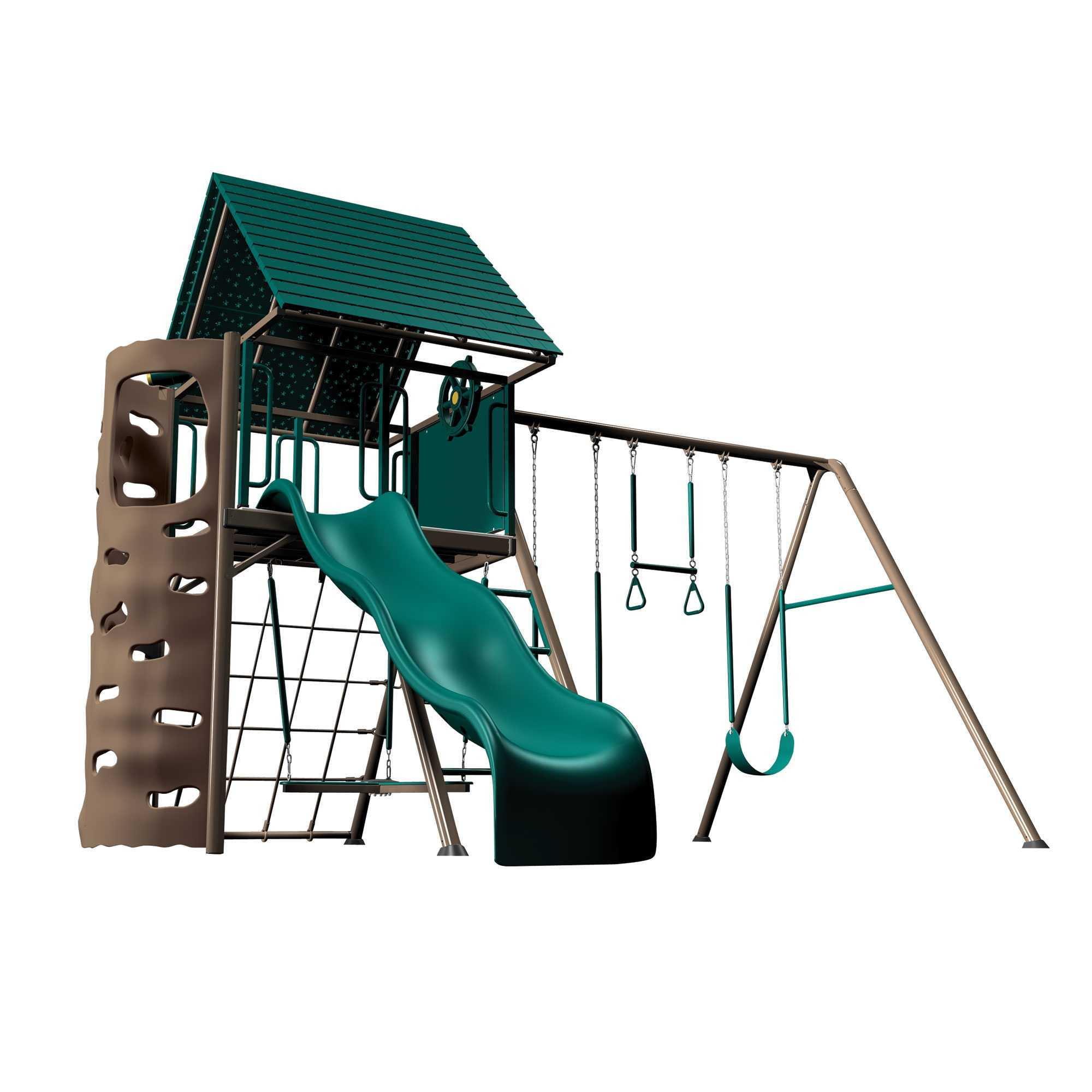 Lifetime Green and Brown Metal Swing Set with Slide and Climbing Wall