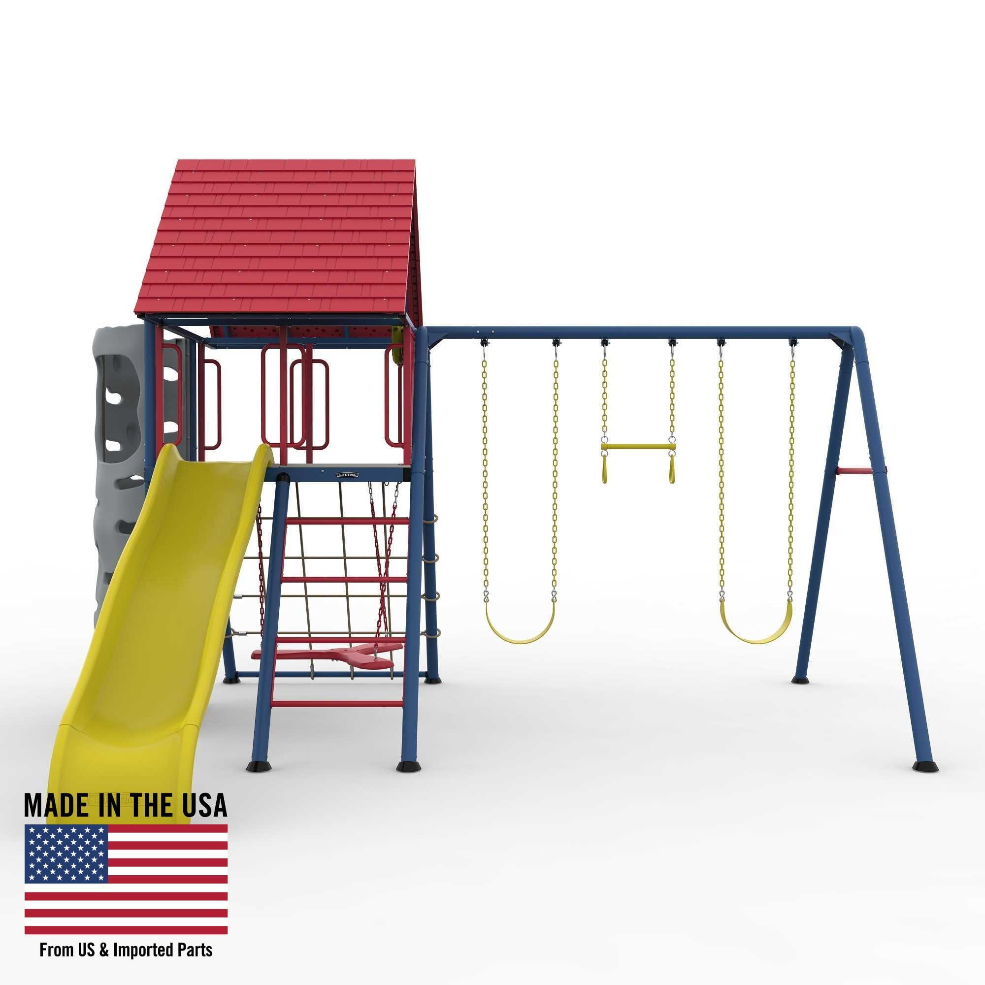 Lifetime Primary Colors Metal Swing Set with Slide and Climbing Wall