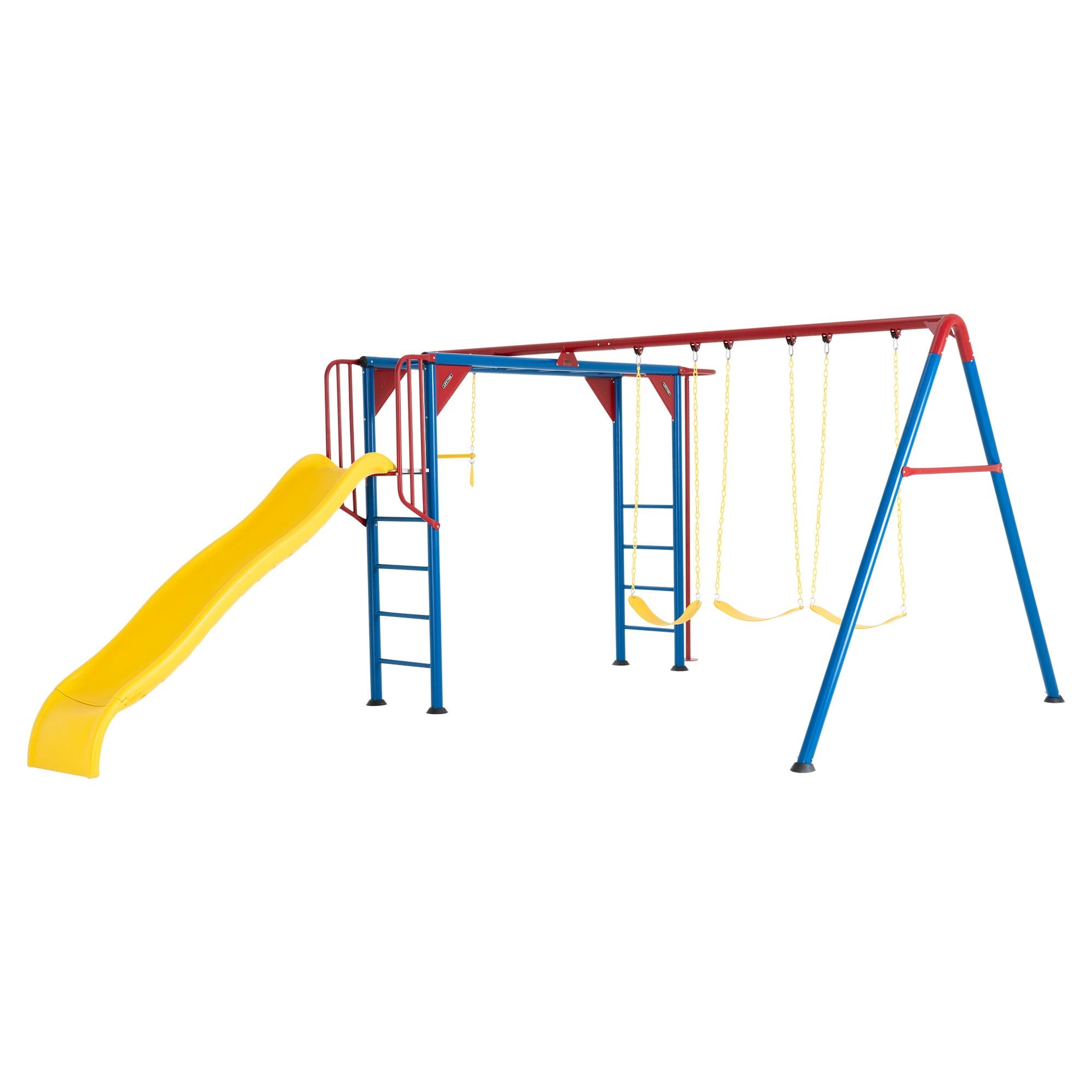 Primary Color Metal Swing Set with Slide and Monkey Bars