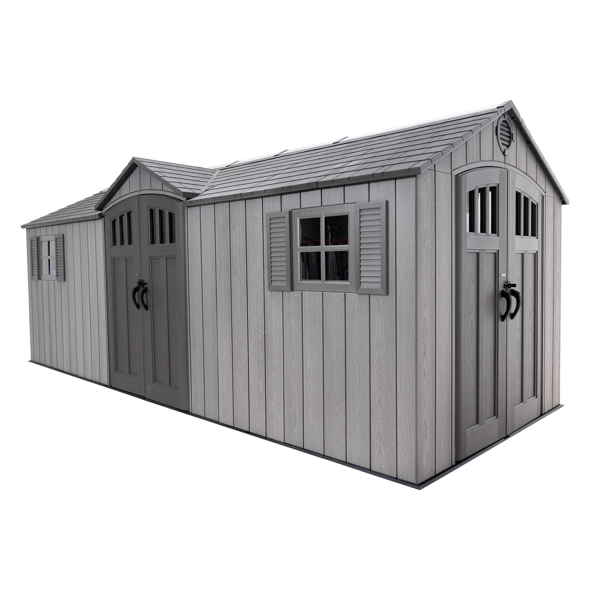 Gray Polyethylene Outdoor Storage Shed with Shelving and Windows