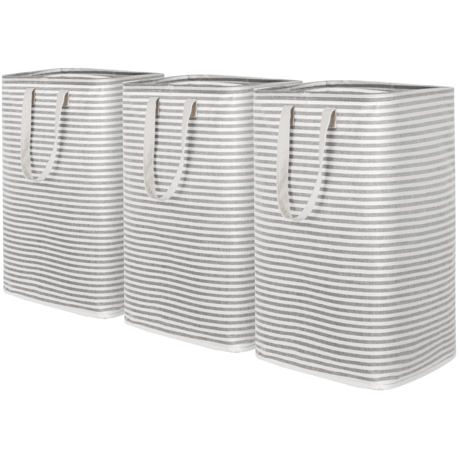 Gray Striped Large Collapsible Laundry Hampers with Handles