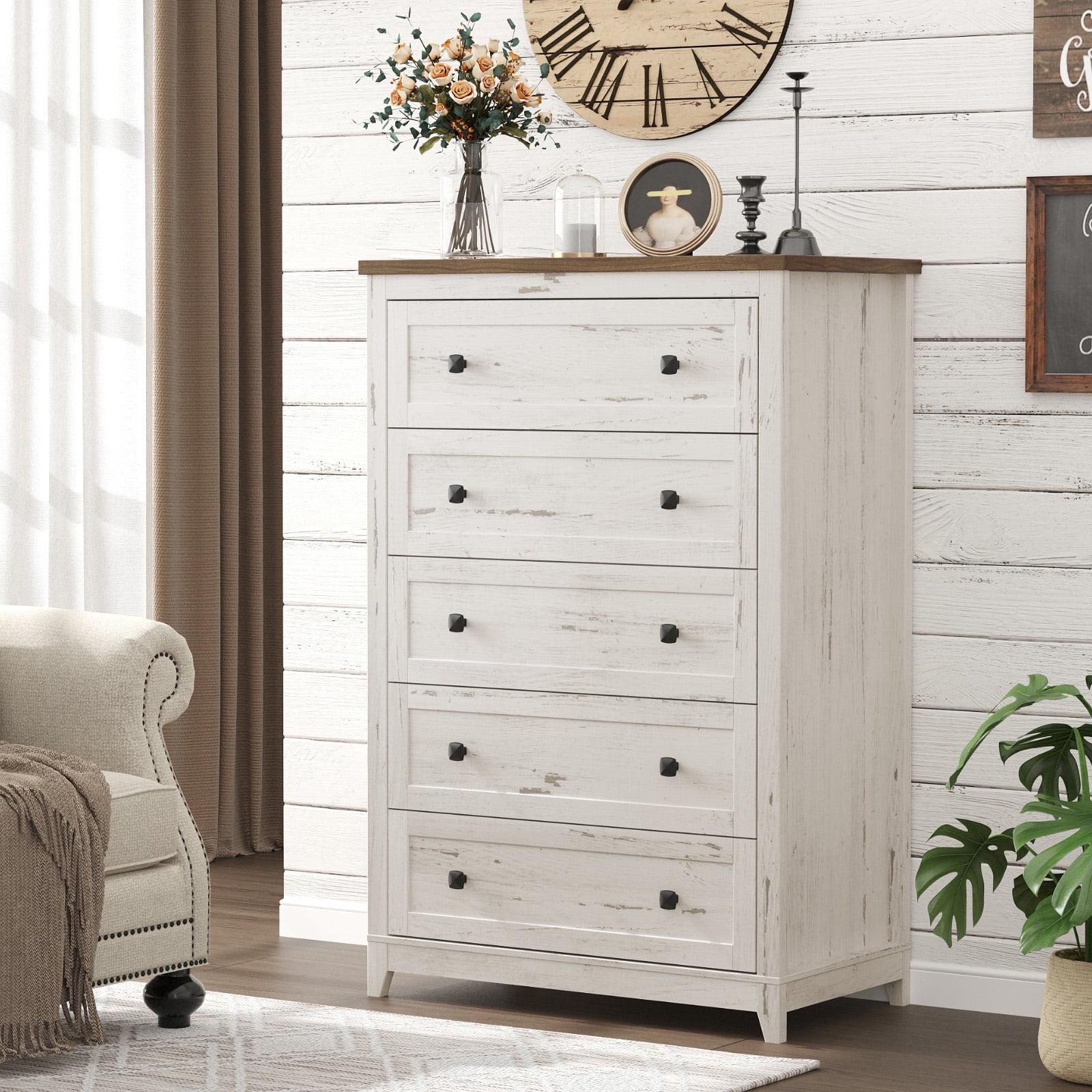 Rustic White 48" Farmhouse 5-Drawer Tall Wood Dresser