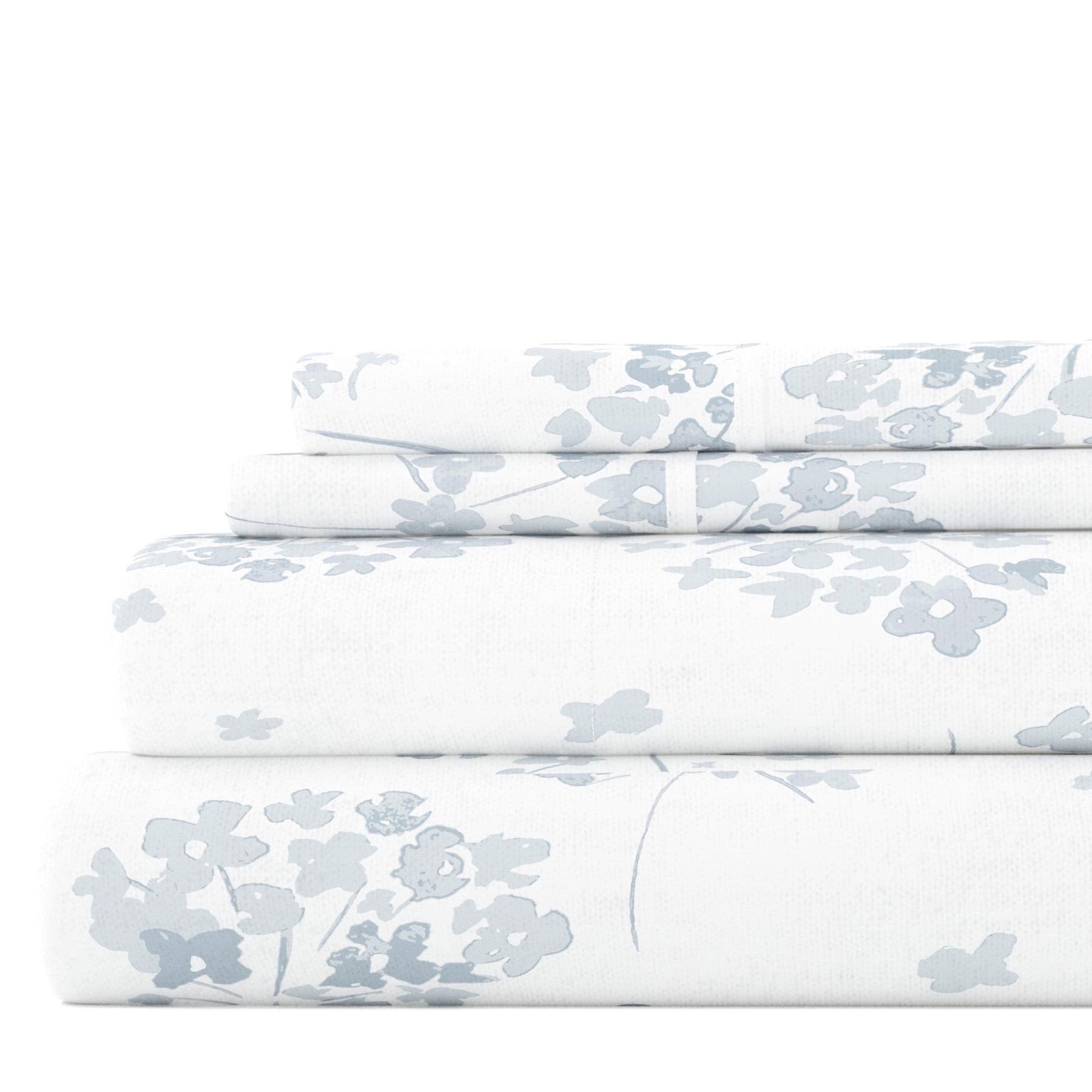 Light Blue Flower Bunch 4 Piece 100% Cotton Flannel Deep Pocket Sheet Set, Queen, by Noble Linens