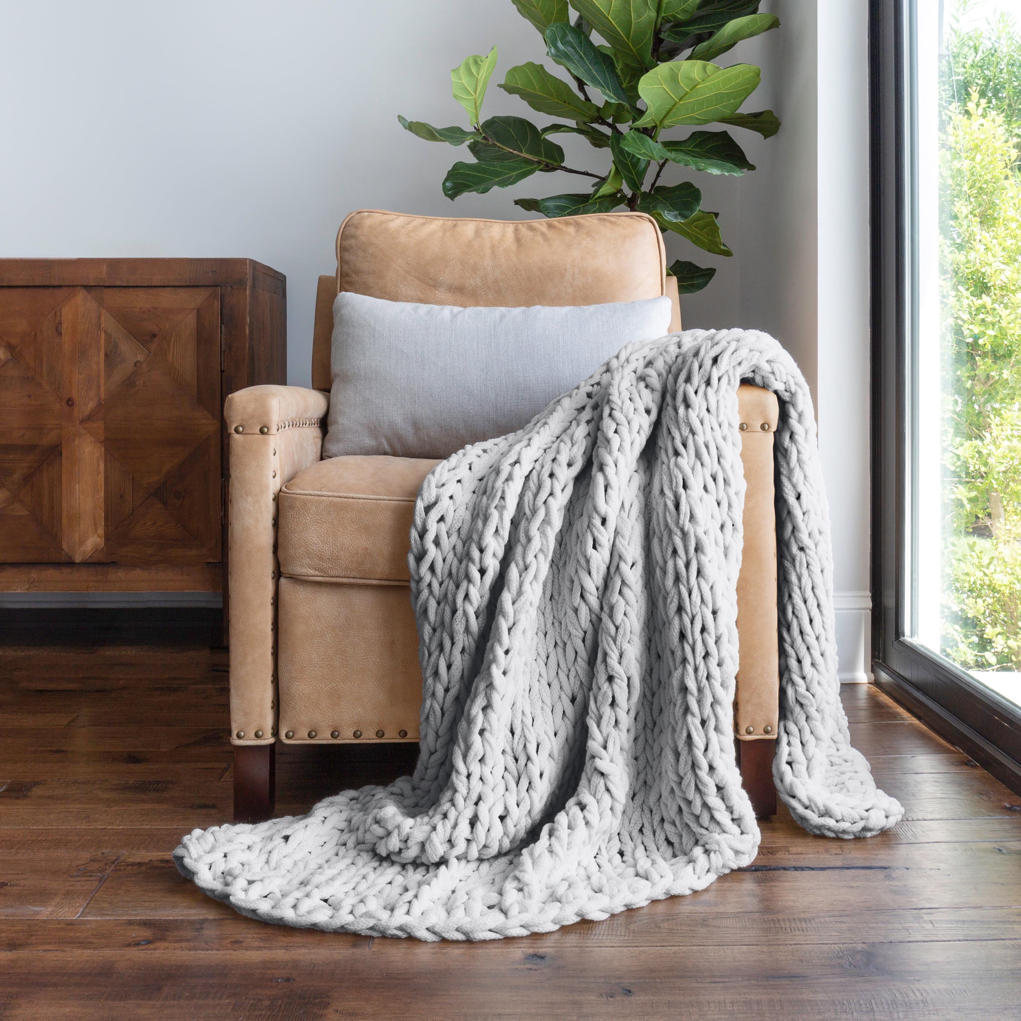 Light Gray Chunky Knit Throw Blanket, One Size, by Noble Linens