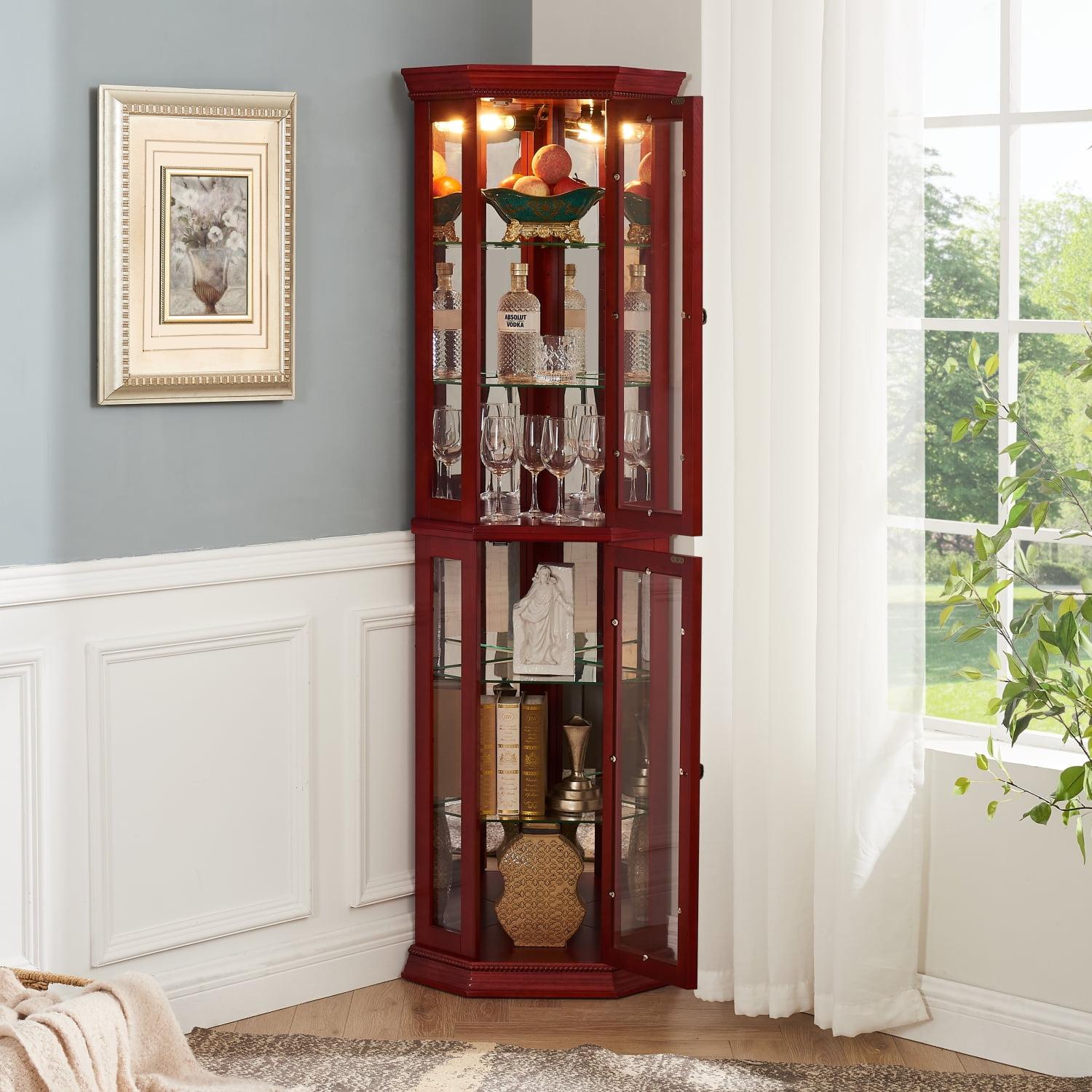 Lighted 3-Side Glass Display Curio Cabinet with Tempered Glass Doors and Shelves, Curved Wood Corner Cabinet with Bulb, Cherry