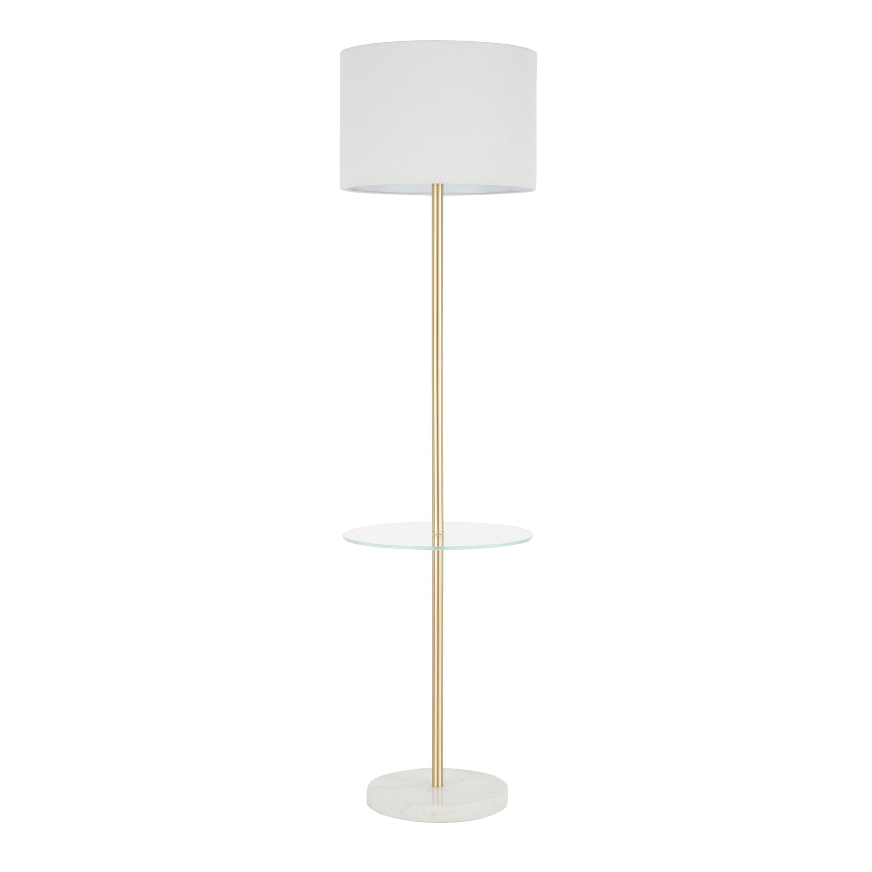 LumiSource Chloe Contemporary Shelf Floor Lamp with Marble Base Shelf and Linen Shade White (Includes LED Light Bulb) : Gold Neck, Round Glass Table