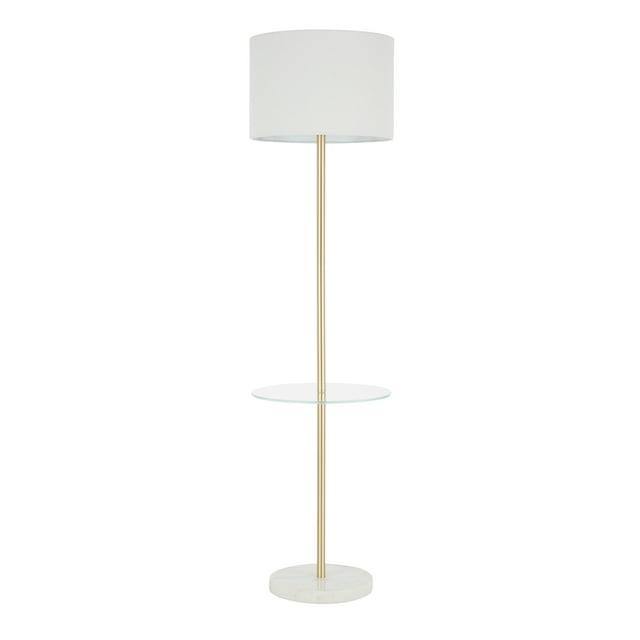 LumiSource Chloe Contemporary Shelf Floor Lamp with Marble Base Shelf and Linen Shade White (Includes LED Light Bulb) : Gold Neck, Round Glass Table