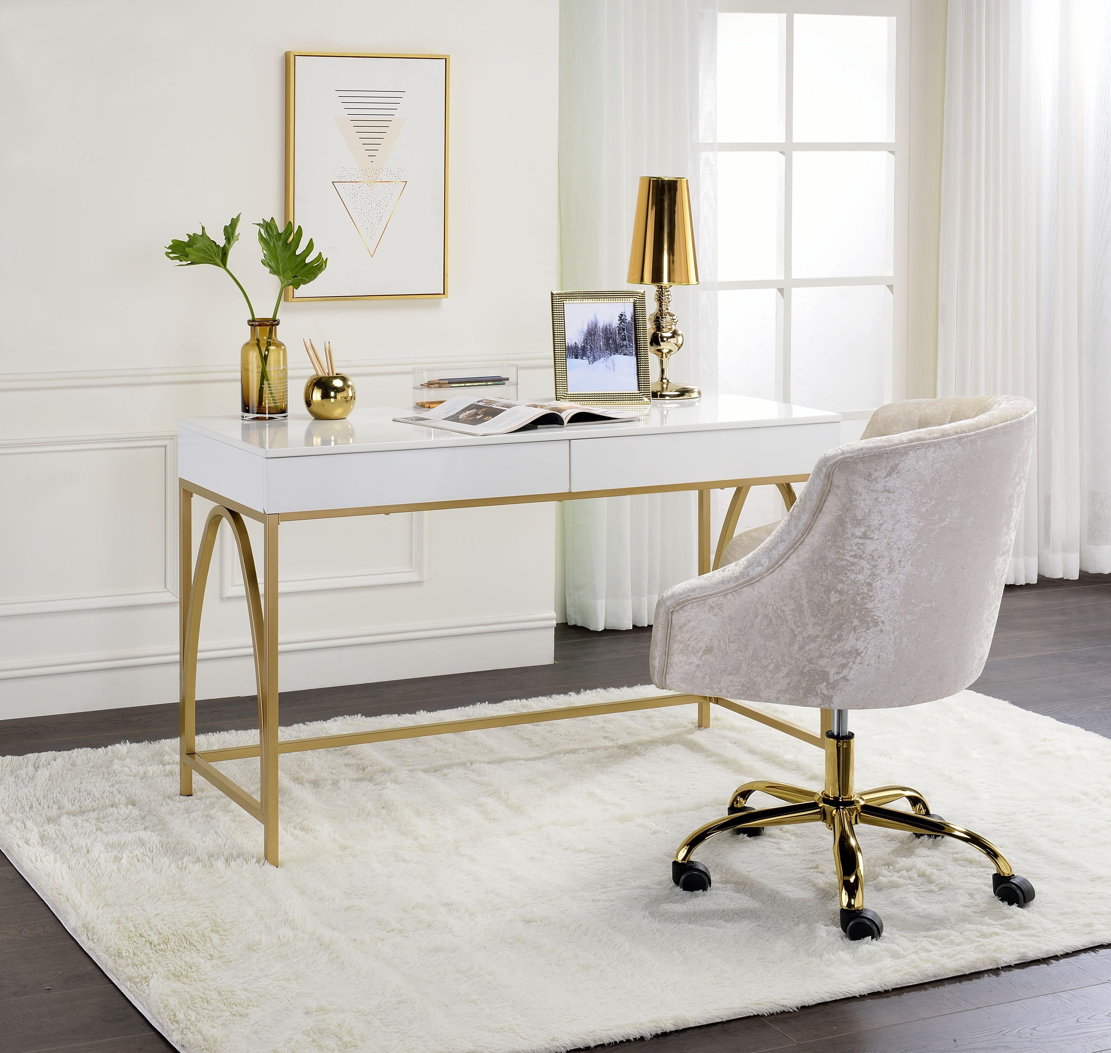 Executive White Gloss & Gold Wood Desk with Drawers & Keyboard Tray