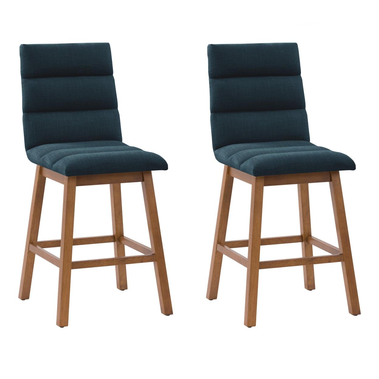 Navy Blue Channel Tufted Fabric Barstools with Wood Legs, Set of 2